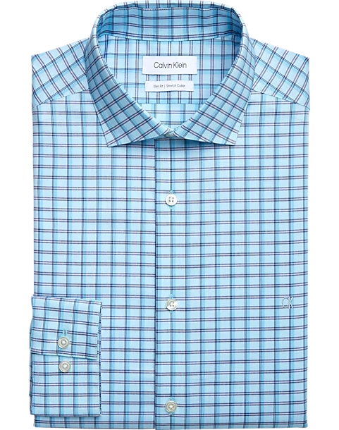 Calvin Klein Slim Fit Embroidered Logo Dress Shirt, Aqua Plaid 3 Calvin Klein Slim Fit Embroidered Logo Dress Shirt, Aqua Plaid