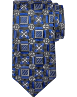 Joseph Abboud Narrow Silk Tie, Blue And Black Square And Floral Print